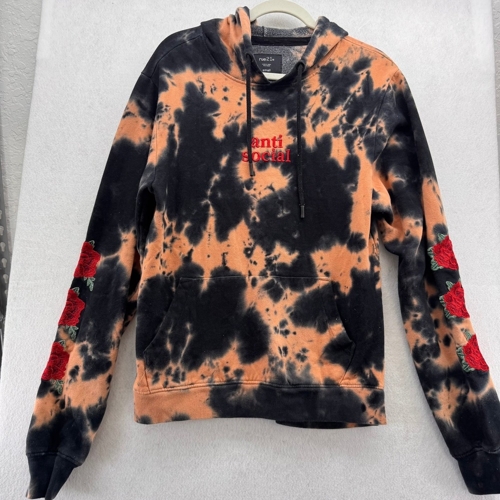 Rue 21 Anti Social Tie Dye Hoodie Rose Embroidered Sleeves Pullover Small‎